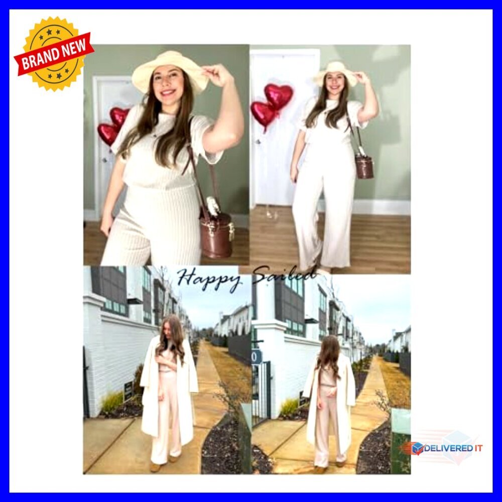 Ribbed Crewneck Jumpsuit Wide Leg Stretchy Casual Chic Loose Fit Romper - Picture 4 of 7